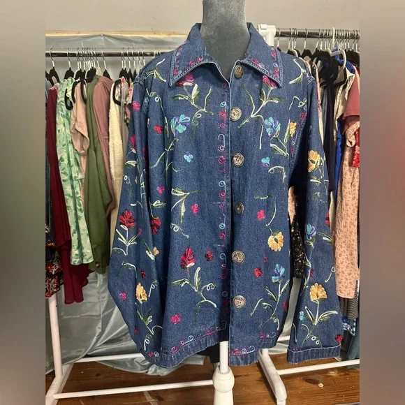 New Directions Blue Jean Jacket with Floral Embroidery - Picture 1 of 5